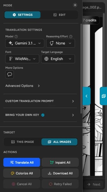 The settings panel open over the canvas on a phone
