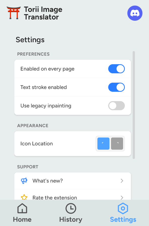 Settings tab UI