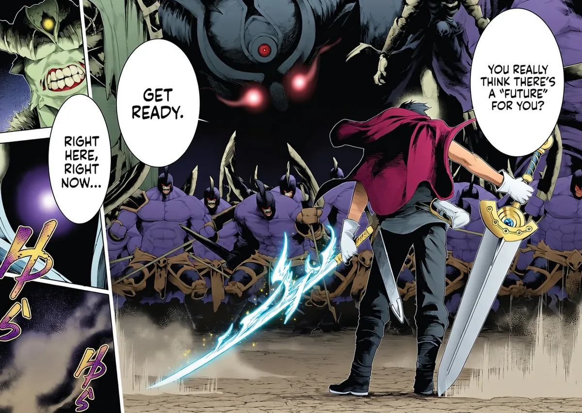 A colorized double-page spread: a swordsman facing an army, translated into English
