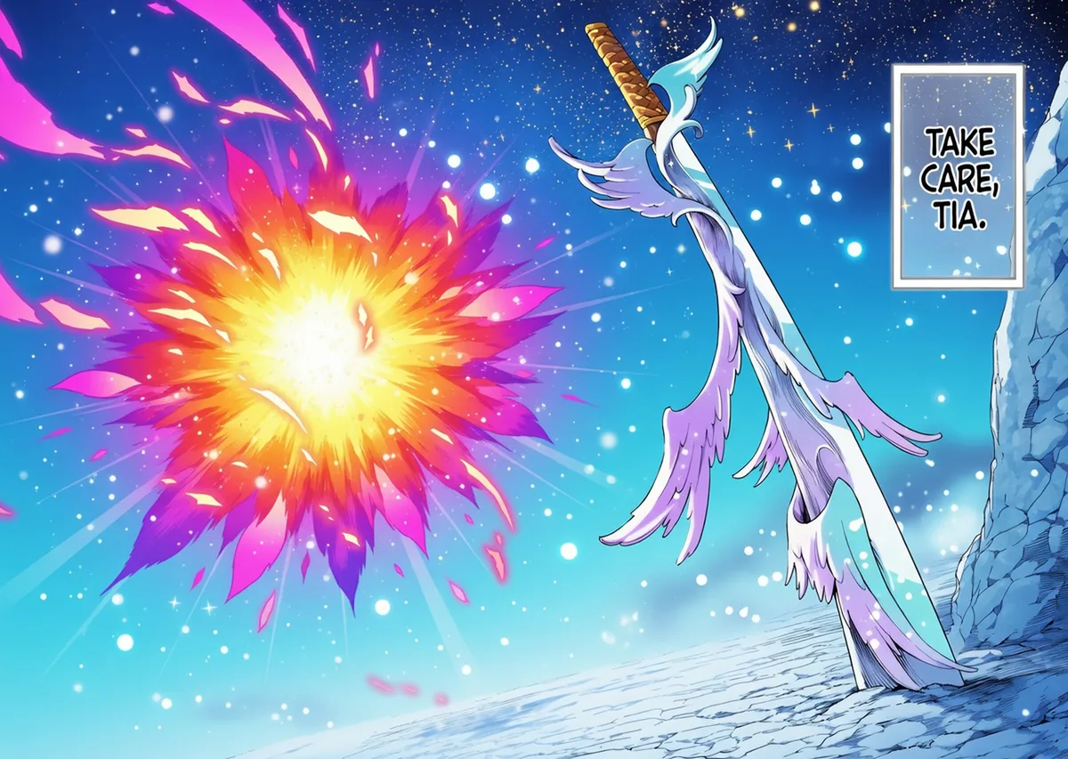 A colorized double-page spread: a glowing sword in the snow beneath a burst of light