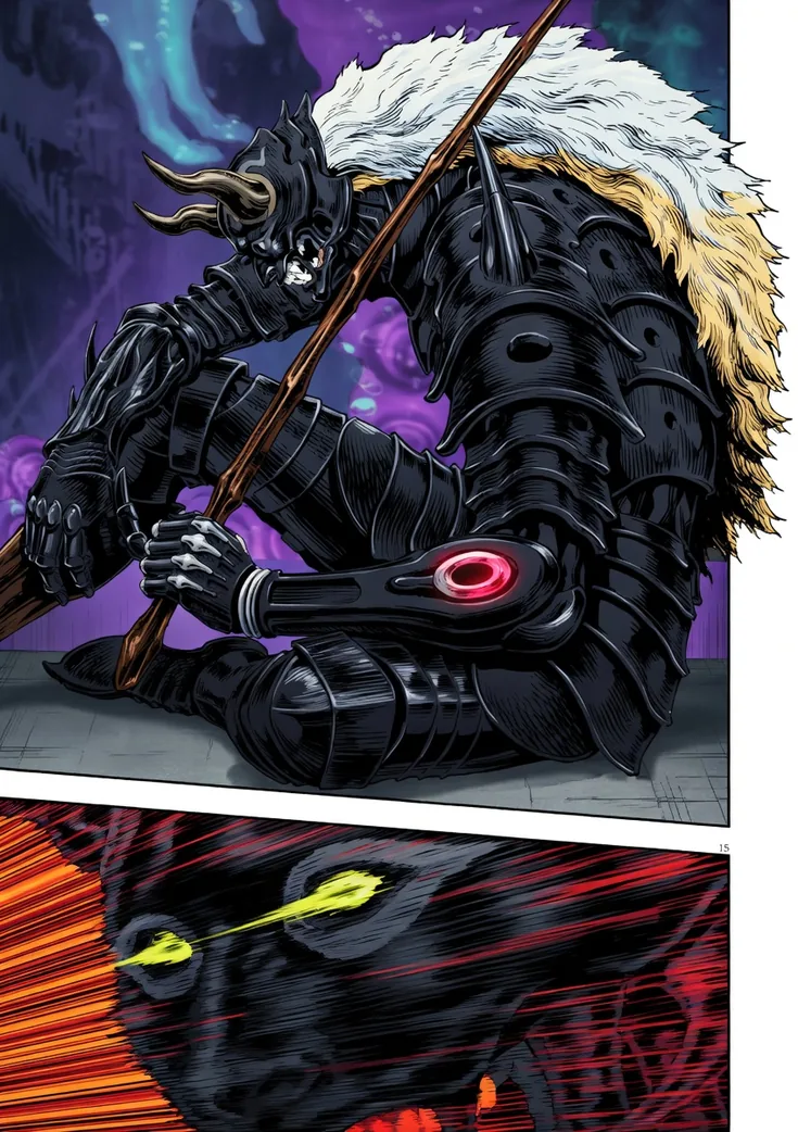 A colorized page of an armoured knight resting against a wall