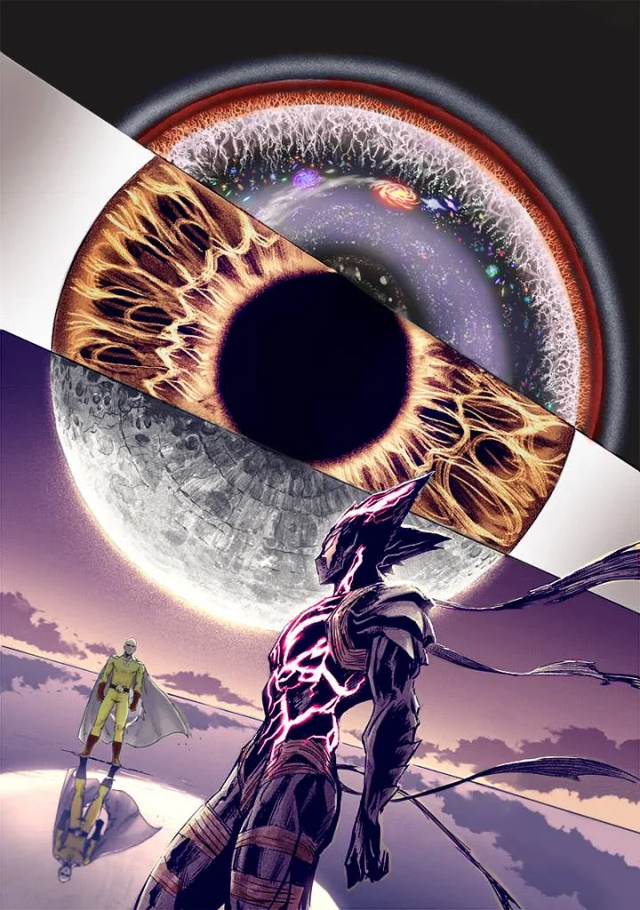 A colorized page of a cosmic eye over the moon
