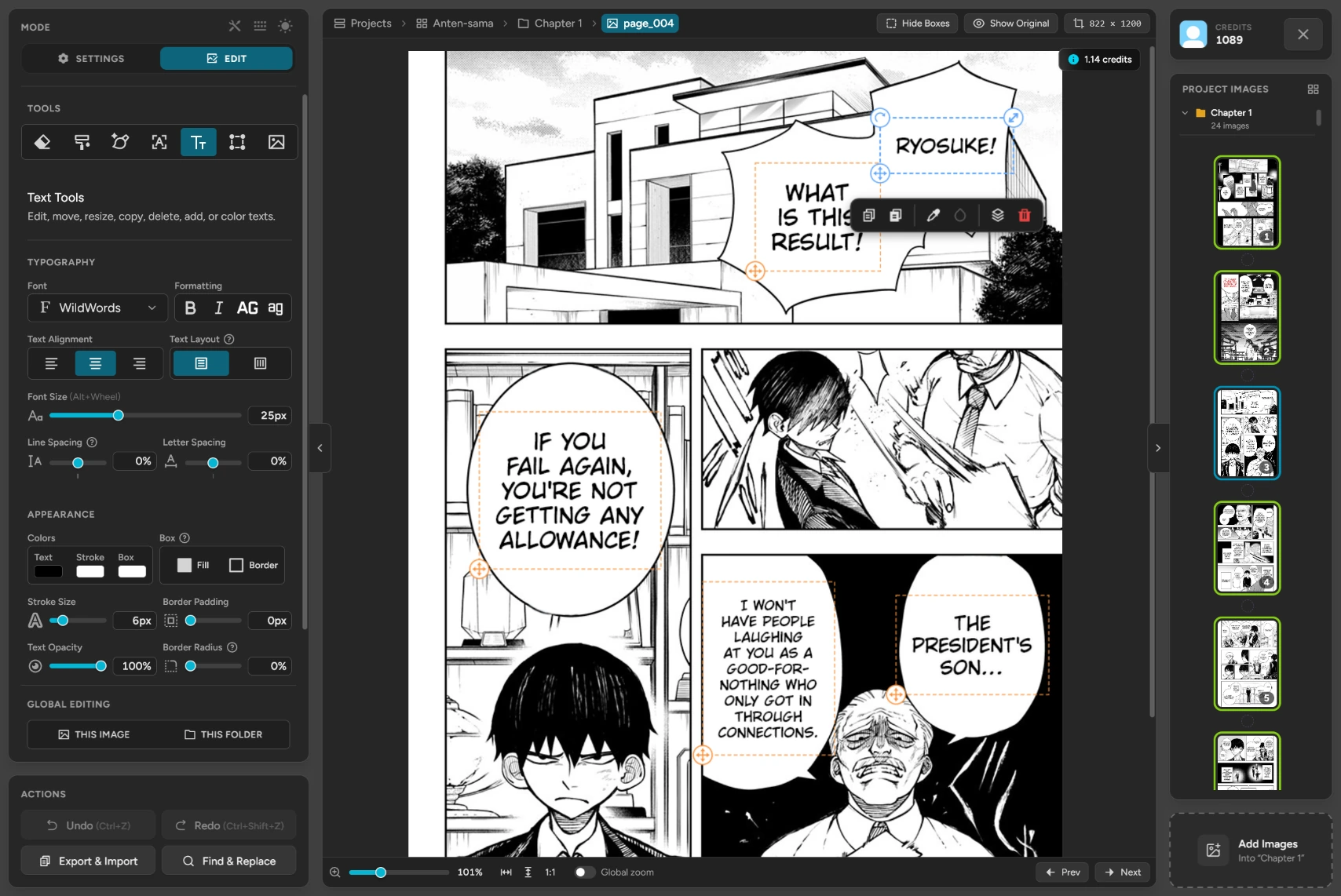 Edit mode: a text box selected on the page with its toolbar, and the editing tools, typography and global editing settings on the left