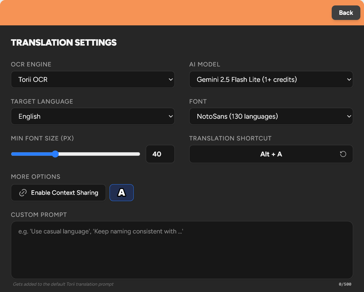 Translation Settings Feature